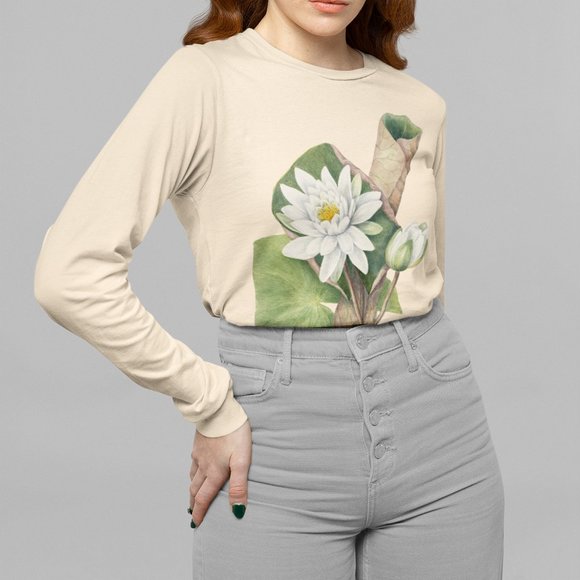 Outfit Bits Tops - American White Waterlily Floral Print Long Sleeve Graphic Tee T-shirt S M L XL